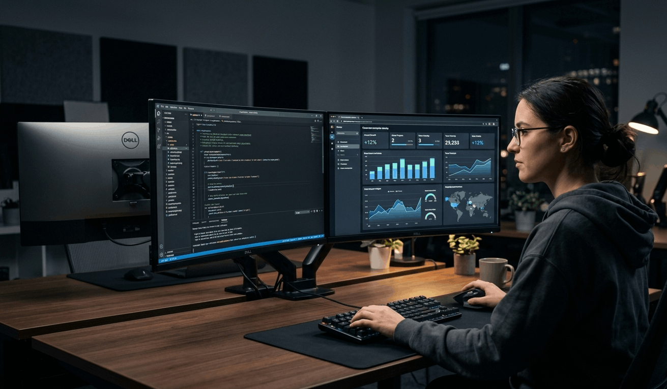 A software engineer designing a polished enterprise desktop application at a modern workstation.