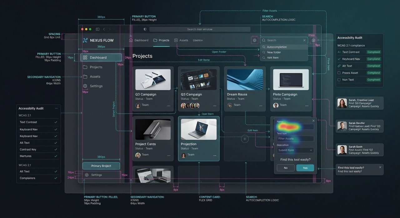 Detailed UIUX design wireframe and user workflow mapping for a professional desktop application.