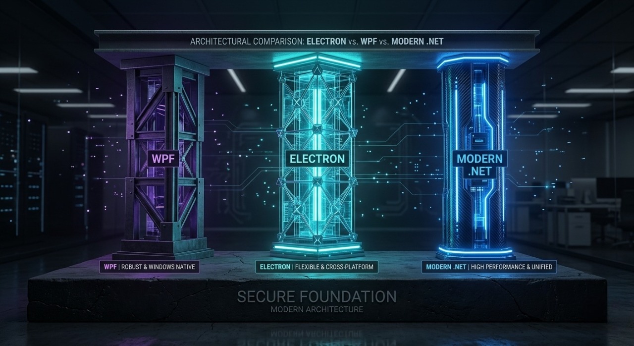 Conceptual comparison graphic representing the structural and architectural differences between Electron, WPF, and Modern .NET.