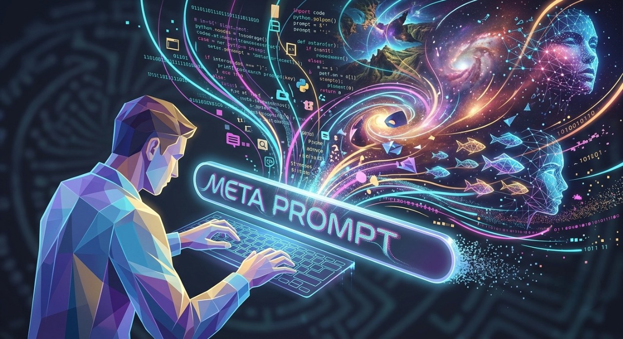 Advanced AI prompt engineering concept with glowing data strands