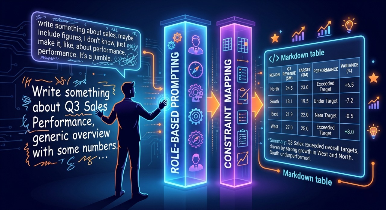 Illustration of advanced AI prompting techniques showing generic input refined via Role-Based Prompting and Constraint Mapping into accurate, structured data.