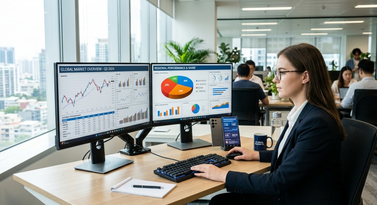 A professional dual-monitor Windows workstation next to an Android smartphone displaying business analytics charts.