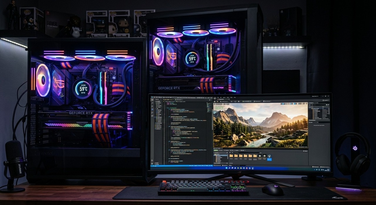 A powerful custom Windows PC rig displaying a dual-screen software development and gaming environment.