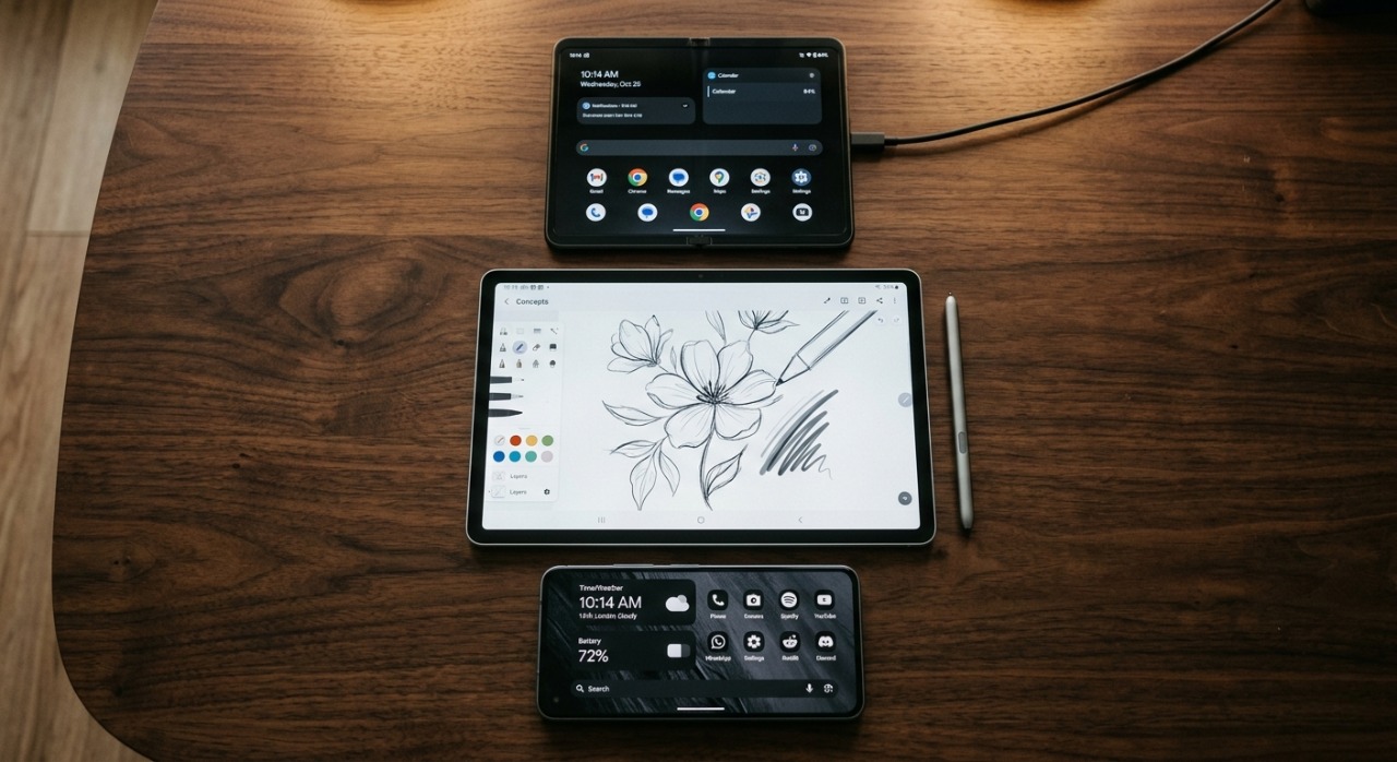 A collection of diverse Android devices including a foldable phone, a tablet, and a flagship smartphone arranged on a table.