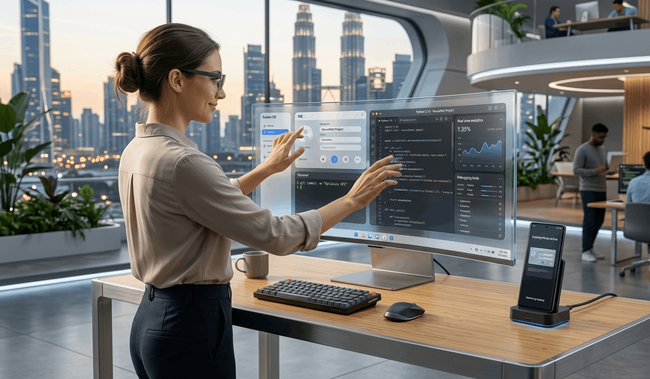 A futuristic workspace showing seamless integration between mobile operating system logic and desktop display environments.