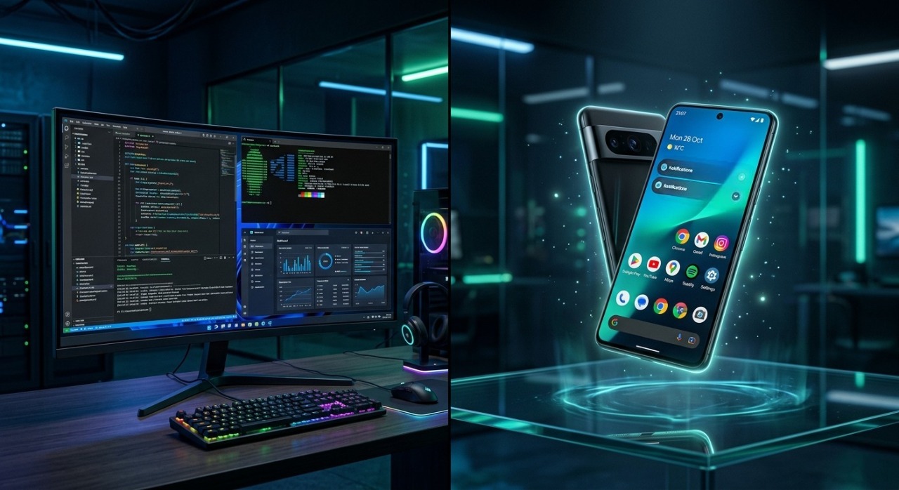Futuristic split-screen concept comparing a high-end Windows desktop interface and a premium Android mobile UI.