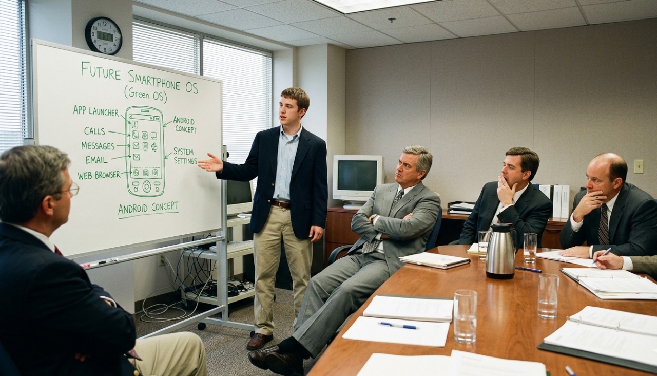 Corporate executives dismissively reviewing early mobile operating system concepts in a 2004 boardroom setting.