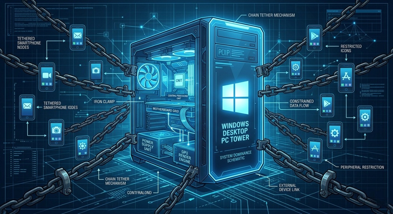 Conceptual illustration depicting Microsoft’s historical desktop-centric business model constraining mobile software innovation.