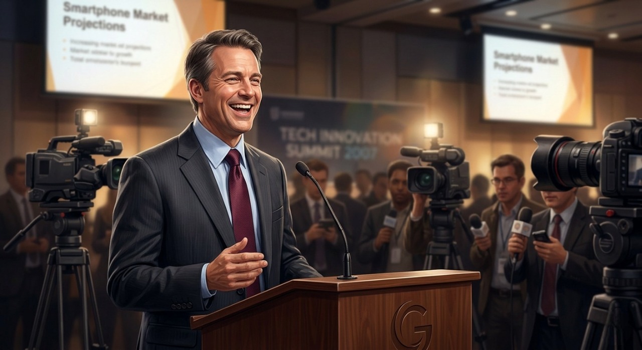 Illustration capturing the overconfident corporate leadership stance that underestimated the touch-screen smartphone revolution.