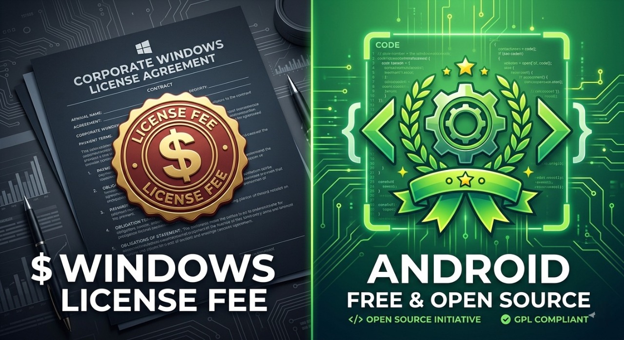 Visual comparison between the paid proprietary licensing model of Windows Mobile and the free open-source model of Android.