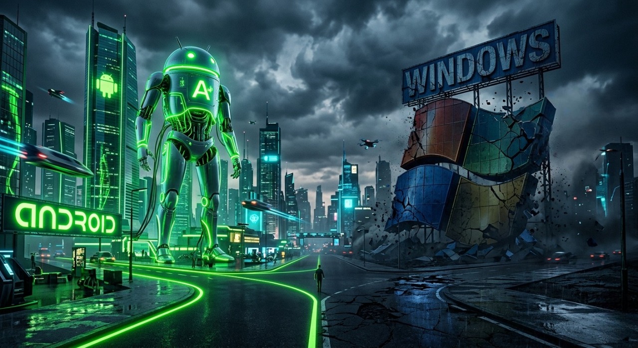 Conceptual artwork representing the divergence of Android's global rise and Windows Phone's market collapse.