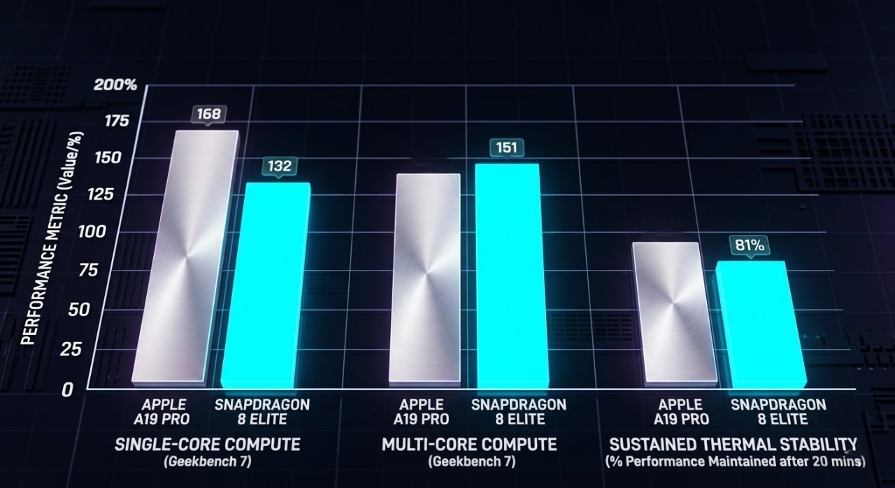 3D technology benchmark graph illustrating computational metrics between Apple A19 Pro and Snapdragon 8 Elite chips in 2026.