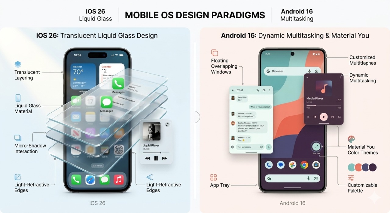 UI design system comparison showing iOS 26 translucent Liquid Glass theme vs Android 16 multi-window desktop interface layouts.