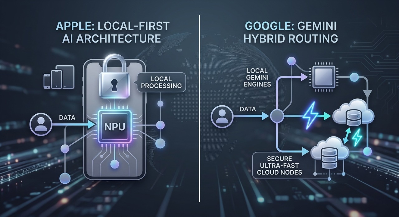 Infographic mapping the AI data processing differences between Apple's on-device NPU workflow and Google Gemini's hybrid cloud network.
