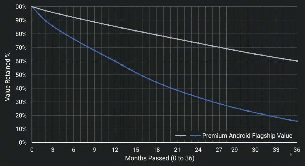 Statistical line chart tracking and comparing resale value depreciation between iPhone and Android flagships over 36 months.