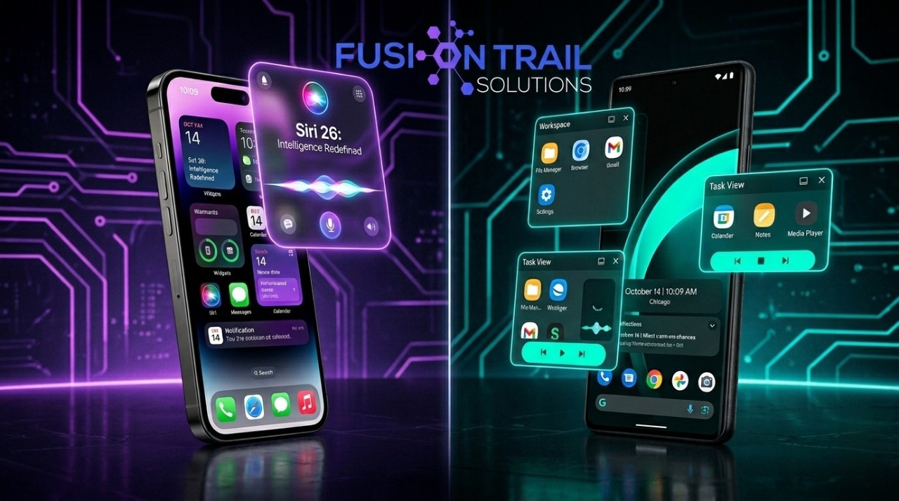Ultra-premium iPhone and Android flagships side-by-side displaying iOS 26 and Android 16 premium user interfaces in 2026.