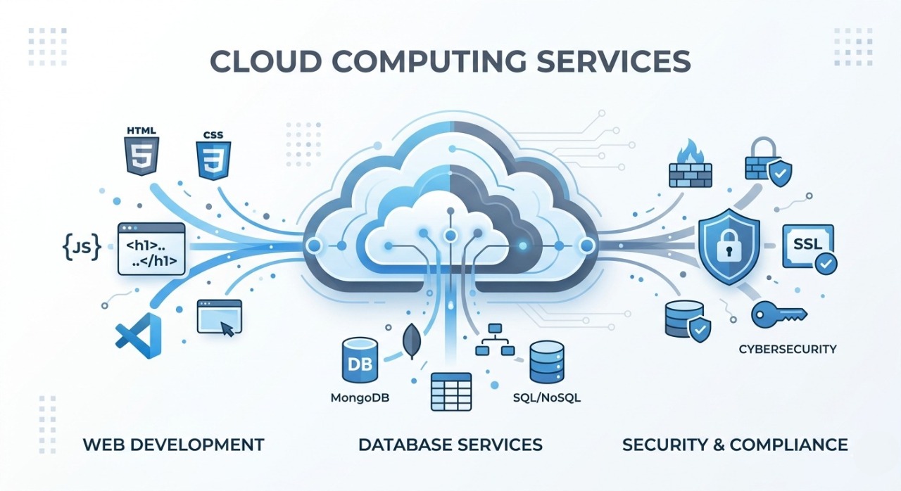 Abstract representation of Microsoft Azure cloud computing services, scalability, and security features.
