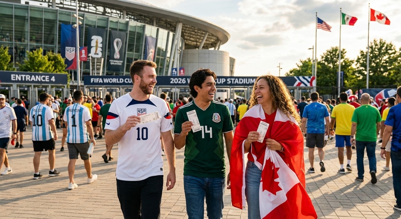 Three football fans representing the USA, Mexico, and Canada walking together towards a tournament stadium under a sunny sky.