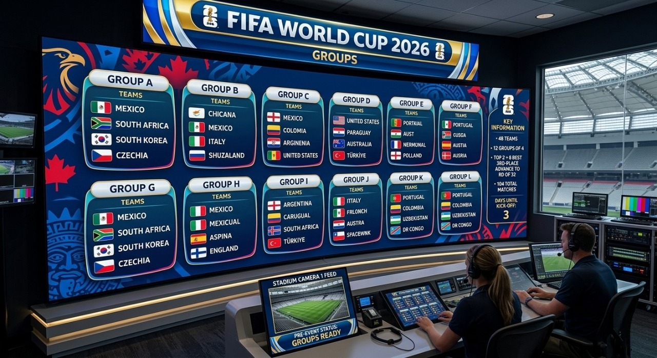 A large digital tournament board displaying the official 48-team group placements for the FIFA World Cup 2026.