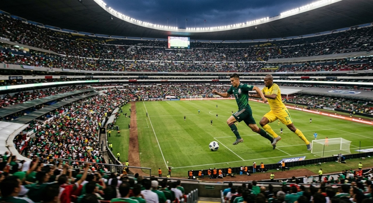 Action-packed view of a Mexico player racing past a South African defender during the opening match at Mexico City Stadium.