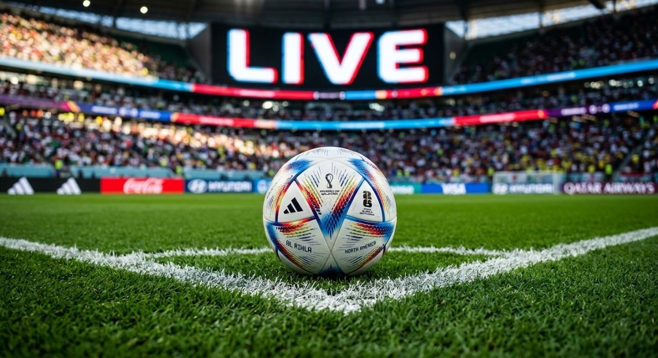 Close-up of the official 2026 football tournament match ball resting on a crisp white pitch line inside a stadium.