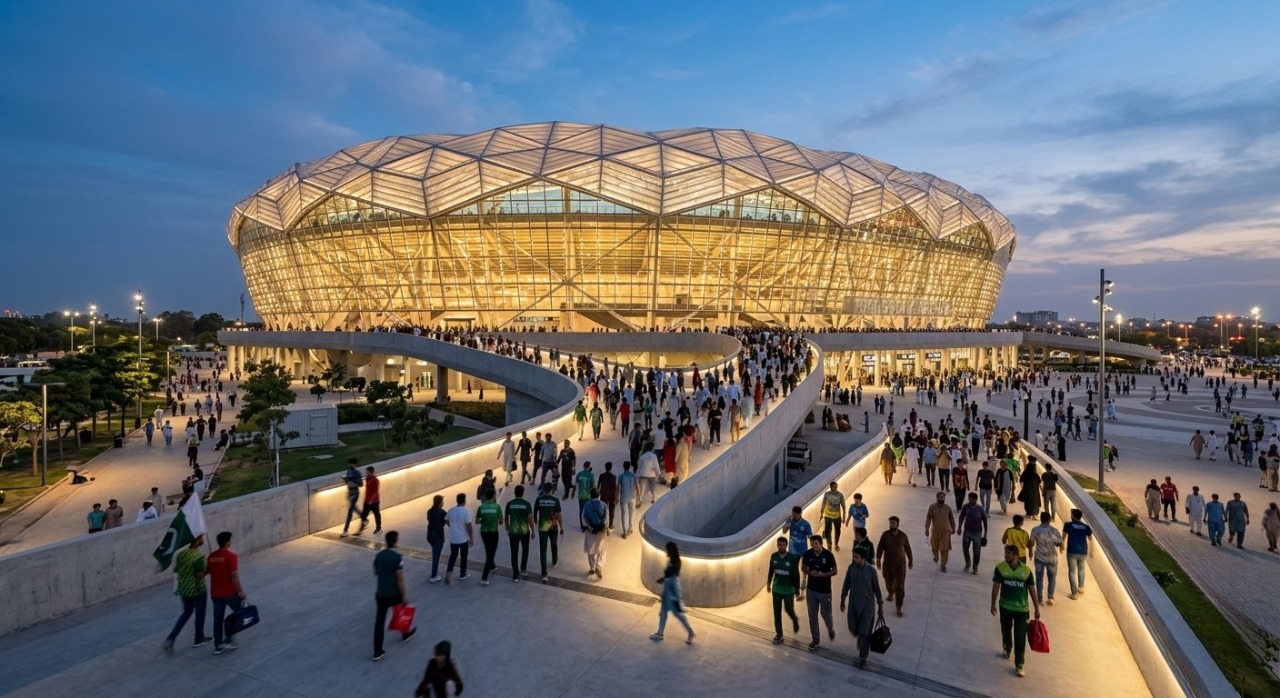 Exterior architectural photograph of a high-tech modern football stadium illuminated brilliantly during an evening event.