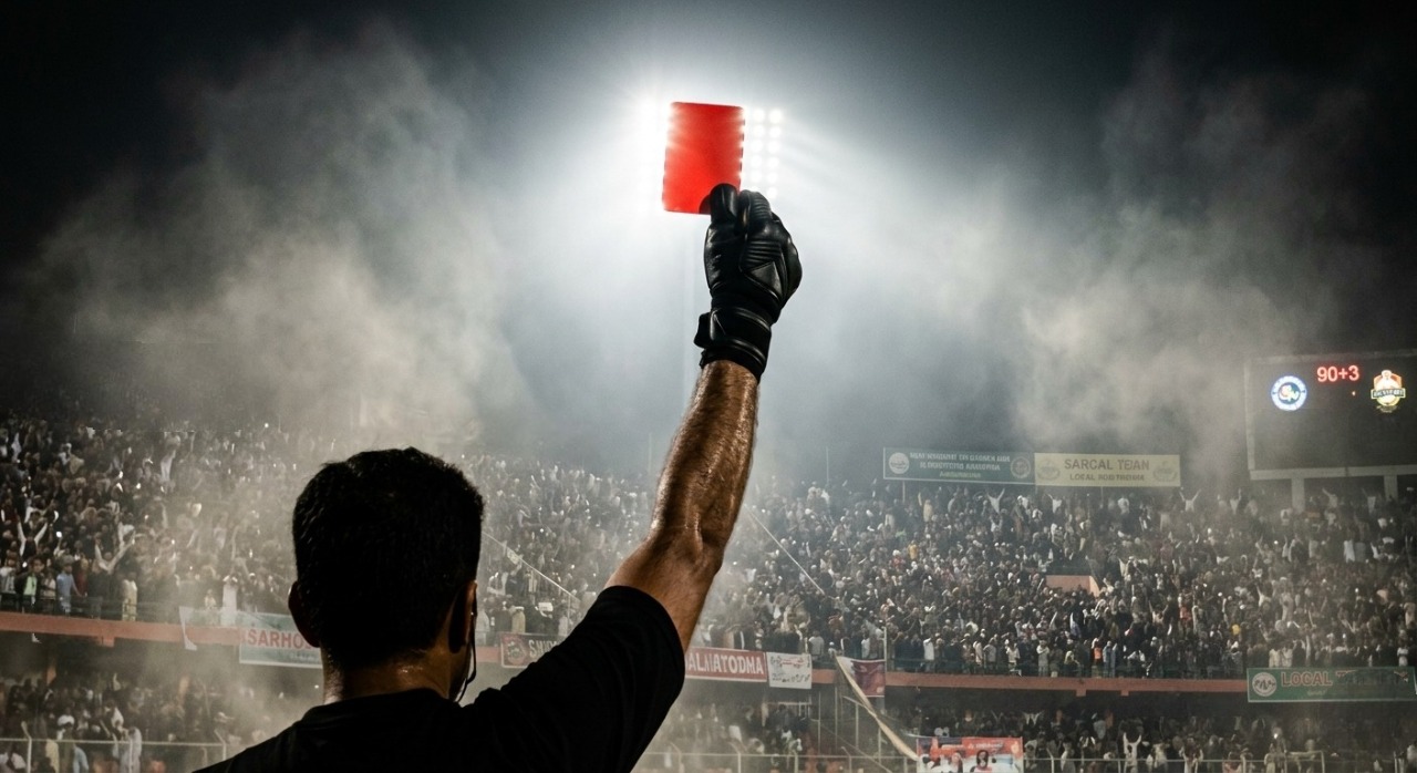 Dramatic close-up of a football referee issuing a card during a high-stakes championship match under bright floodlights.
