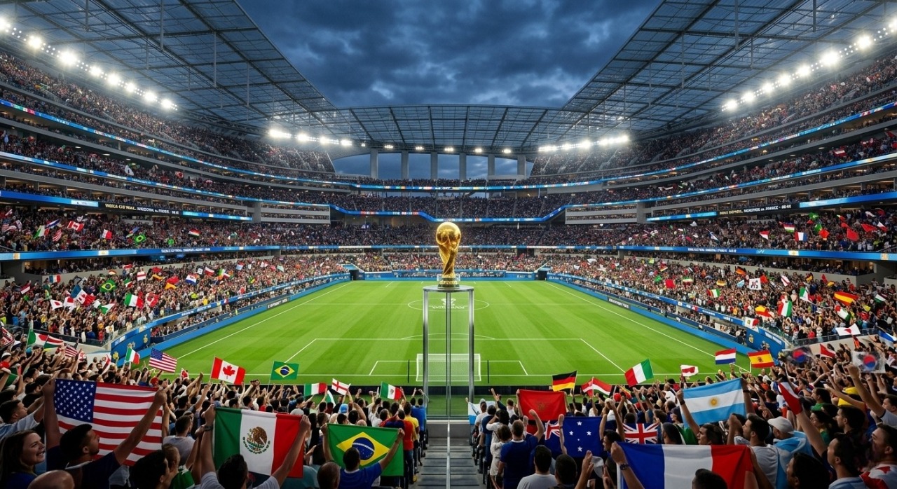 FIFA World Cup 2026 official trophy displayed on a football pitch under bright stadium lights with a crowded stadium background.