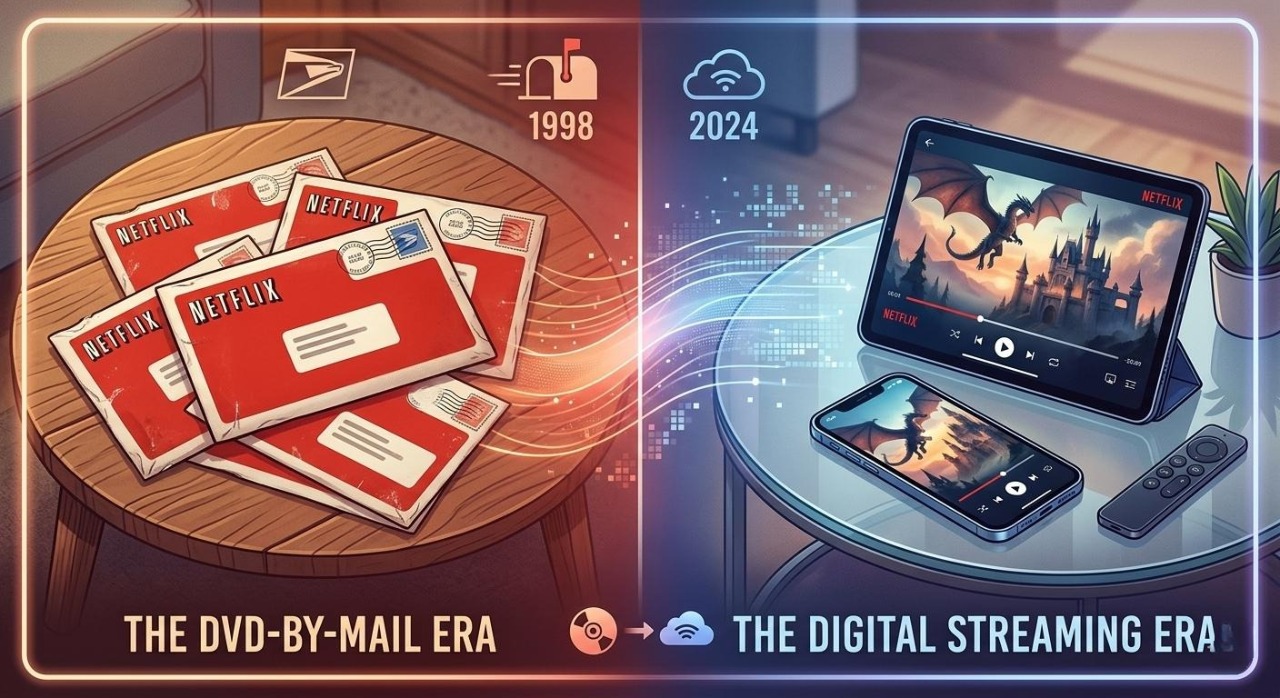 Split-screen showing Netflix's evolution from red DVD mailers to modern mobile streaming.
