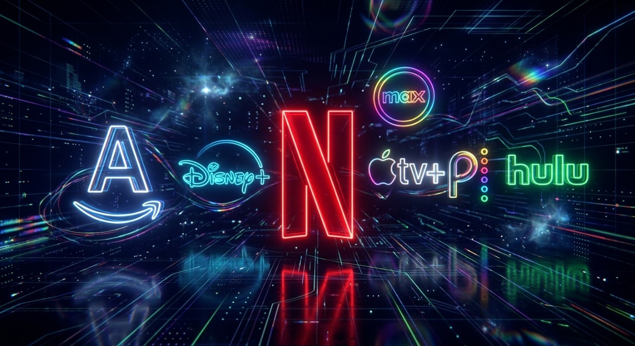 Digital representation of competitive streaming brand logos in the global market.