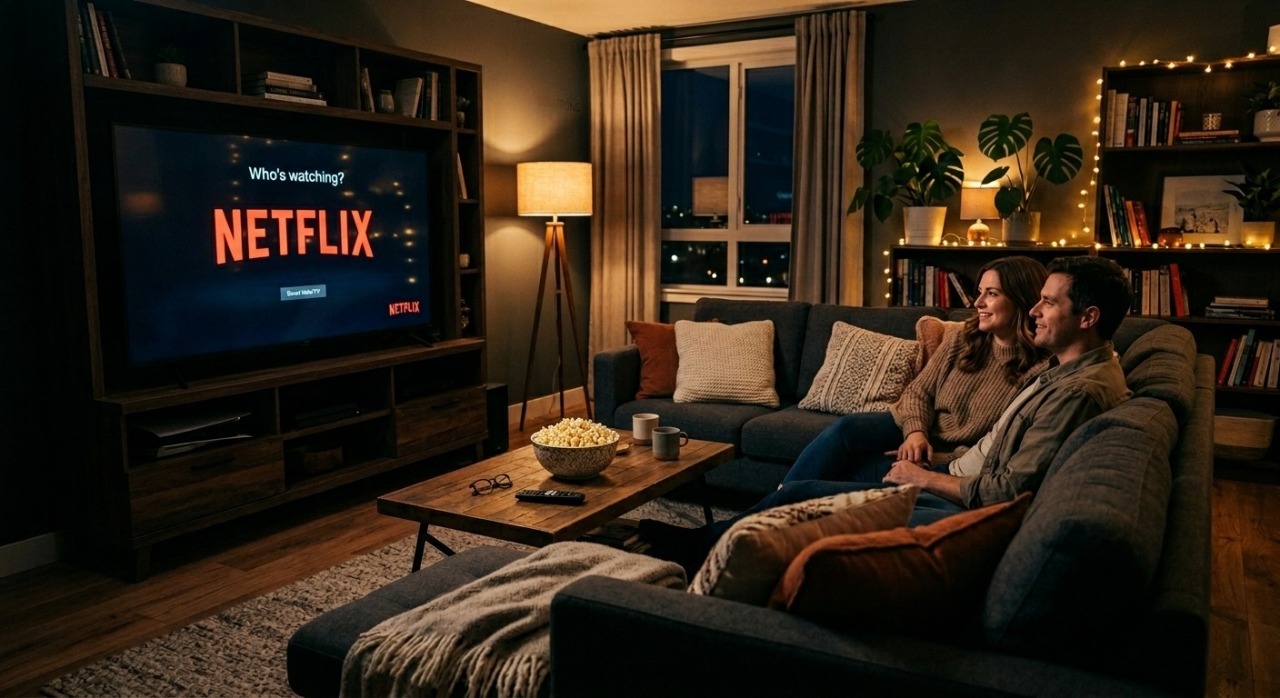 A cozy modern living room setup showing the Netflix logo on a large smart TV screen.
