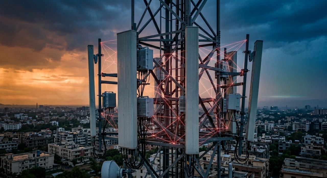 Complex cellular network infrastructure and antenna array in Islamabad, visualizing the structured challenge facing Pakistan's telecom sector.