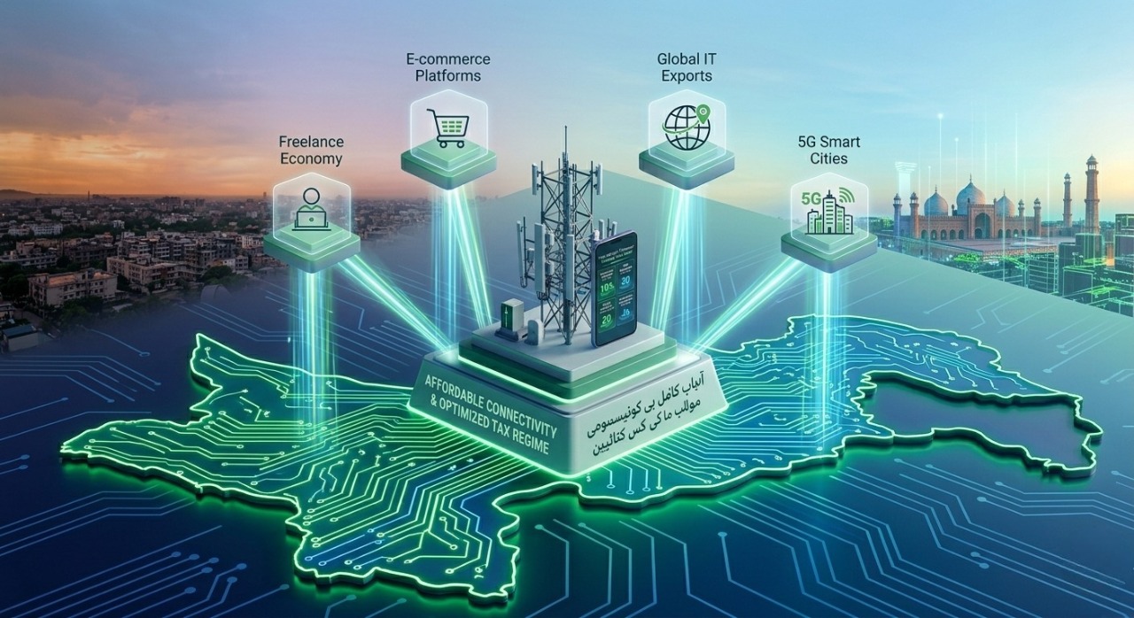 Isometric 3D illustration visualizing the macroeconomic impact of affordable connectivity on Pakistan's digital economy growth.