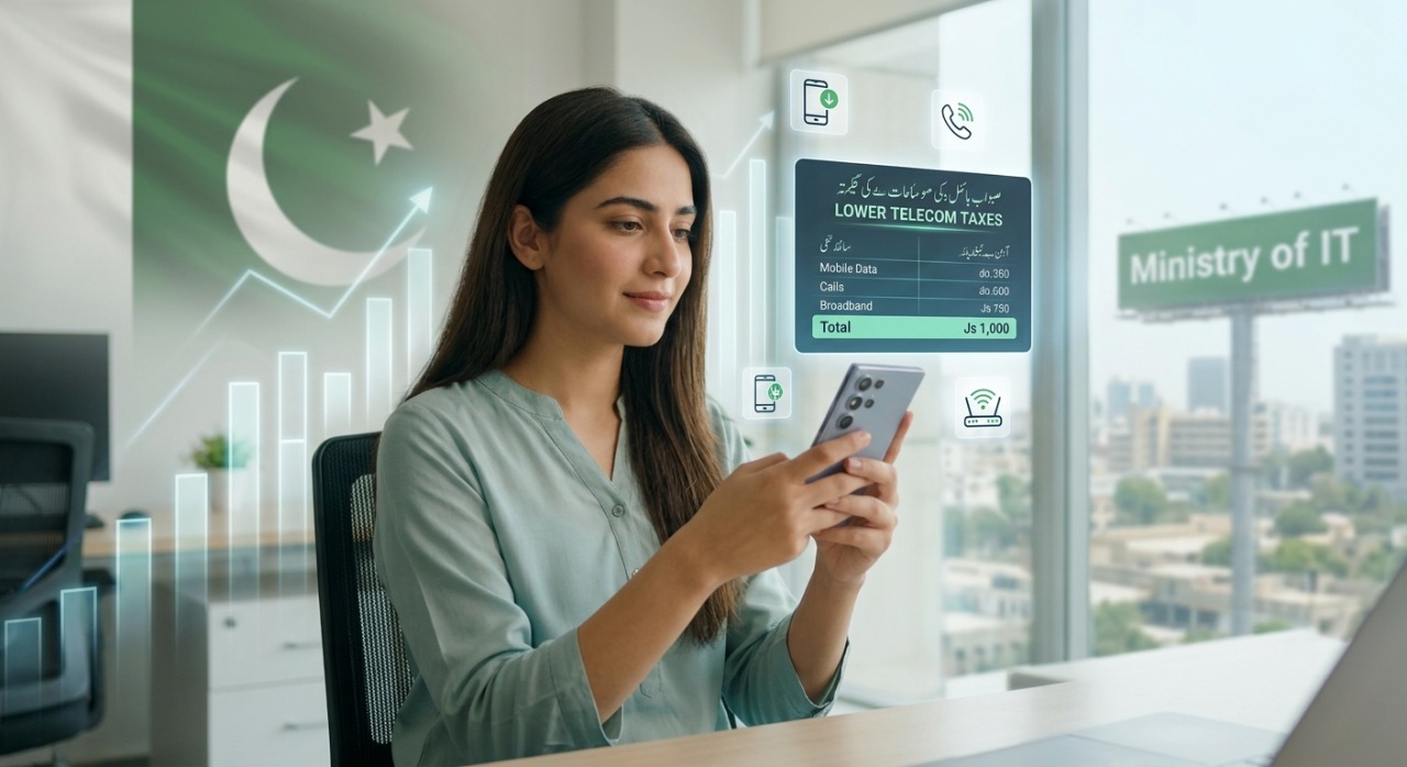 Digital optimization for mobile users in Karachi showing optimized tax rates and digital economy growth symbols.