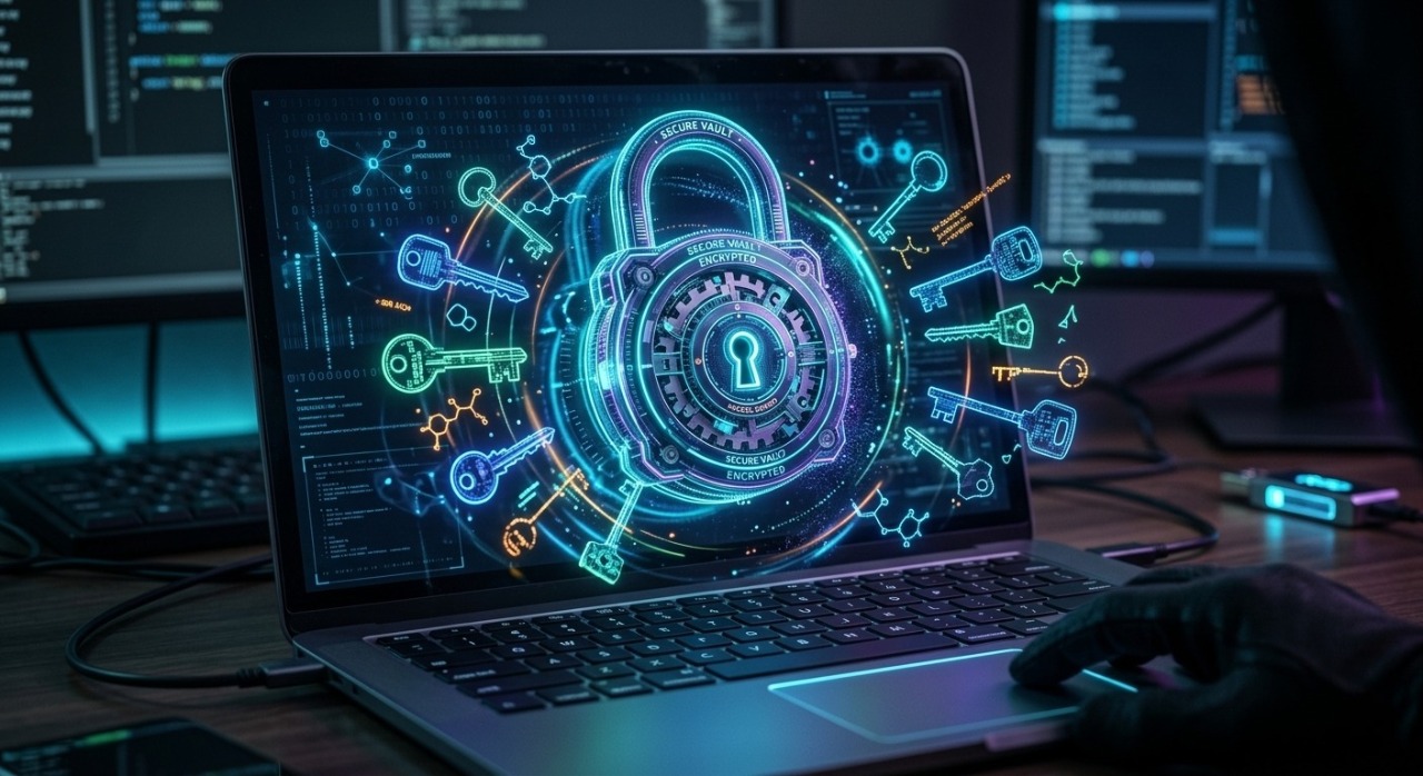 A glowing digital padlock on a laptop screen representing a secure password manager system.