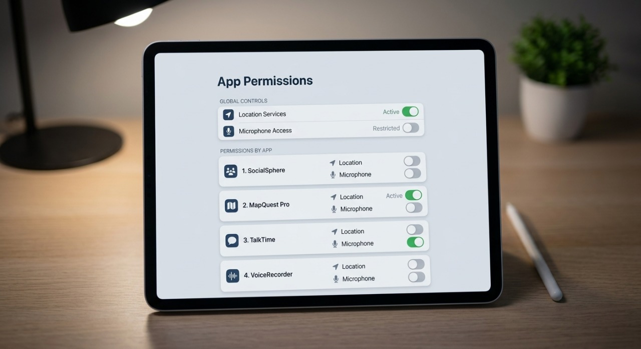 Privacy settings screen on a tablet showing restricted mobile app data permissions.