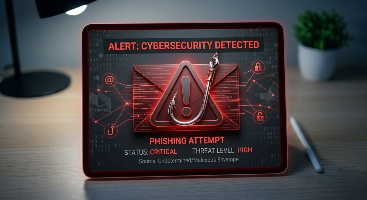Conceptual illustration of a phishing email trap with a digital fishing hook icon.
