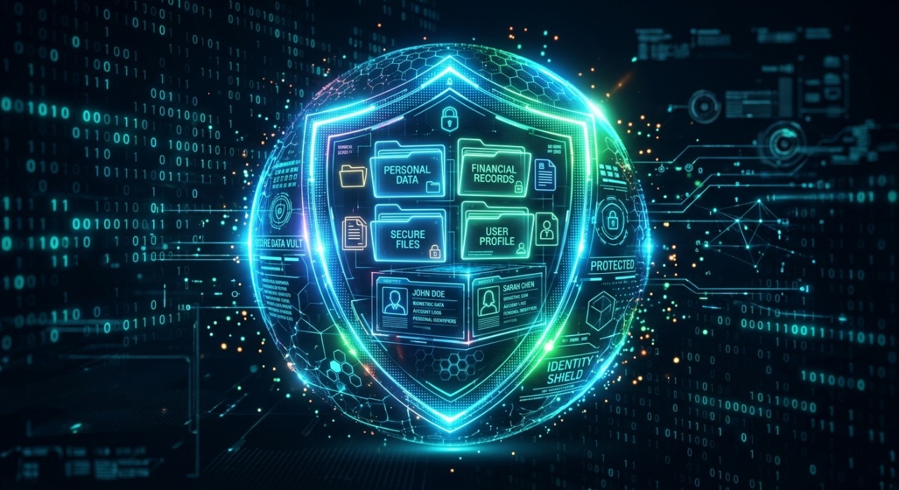 Holographic security shield protecting personal data and user digital identity profiles from cyber threats.