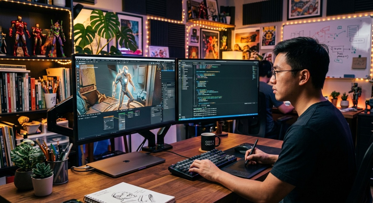 A dual-monitor workspace setup featuring web development code and digital design creation