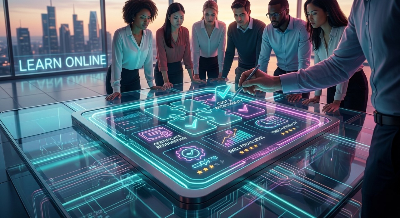 A close-up of a glowing interactive comparison matrix interface on a holographic console in a futuristic digital city, being used by diverse professionals to make learning platform decisions.