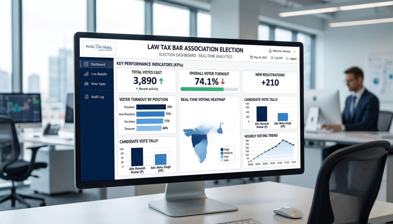 Centralized monitoring dashboard displaying real-time digital voting analytics and live turnout data.