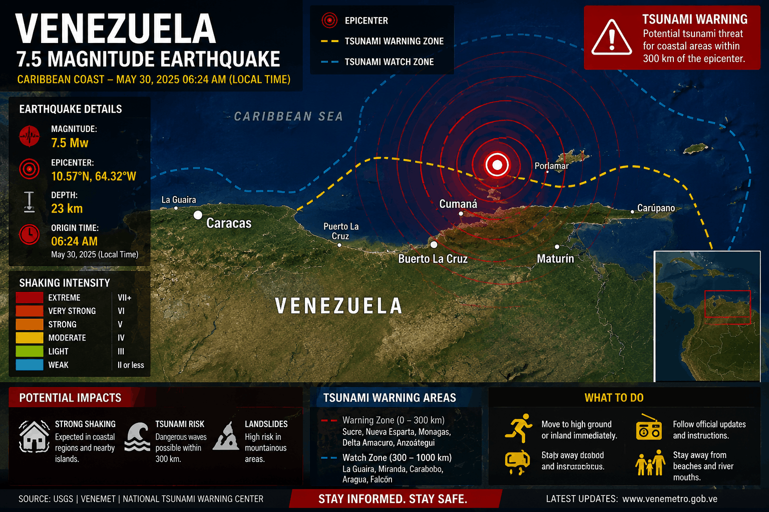Venezuela earthquake epicenter and tsunami warning map